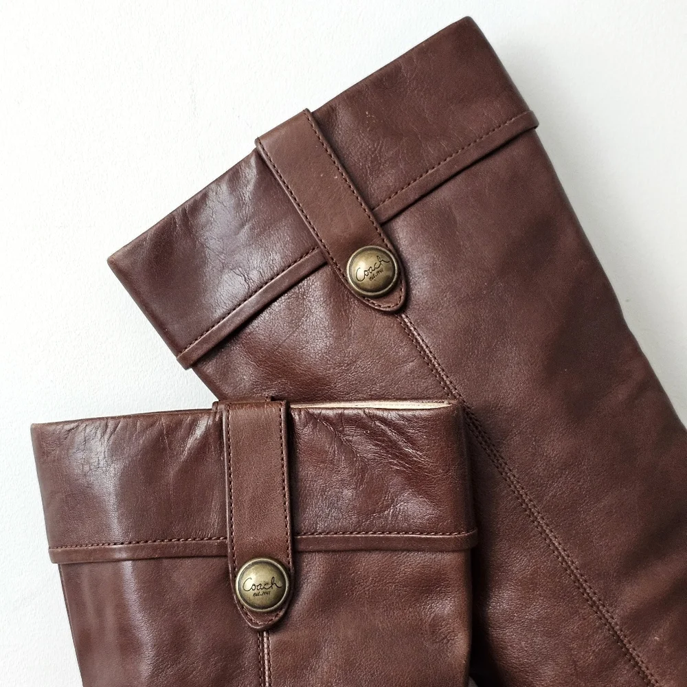 Coach Faith Leather Knee High Boots Brown Stacked Heel Riding Boots 6.5B